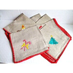 *Vintage Tan Khaki Muslin Holiday Napkins - 7 Asst Christmas Embroidered